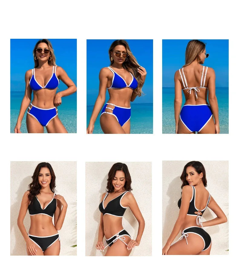 Women Bikini Two Piece Swimsuit Fashion V Neck High Waist Swimwear Female Beach Party Backless Bikini Sets