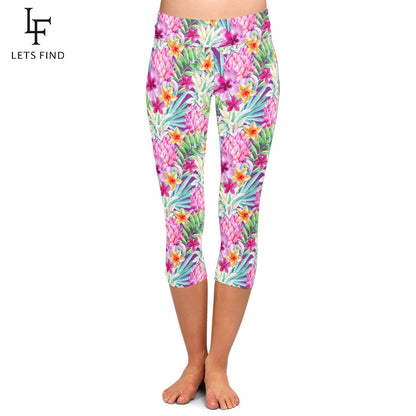 Flowers Digital Printing Fitness Capri Leggings High Waist  Mid-Calf 3/4 Leggings