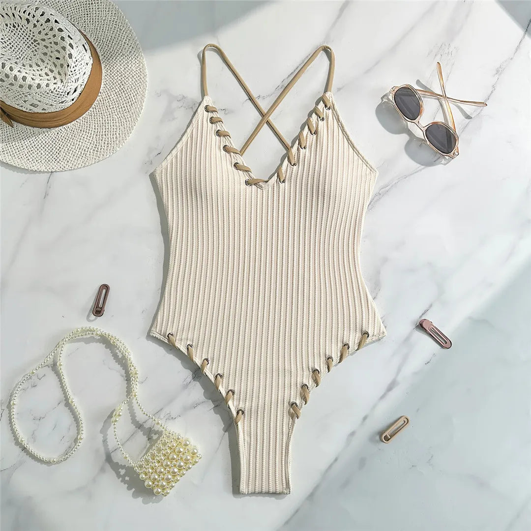 5 Colors V Neck Ribbed Cross Back One Piece Swimsuit Women Swimwear Female High Leg Cut Monokini  Bather Bathing Suit Swim