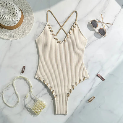5 Colors V Neck Ribbed Cross Back One Piece Swimsuit Women Swimwear Female High Leg Cut Monokini  Bather Bathing Suit Swim
