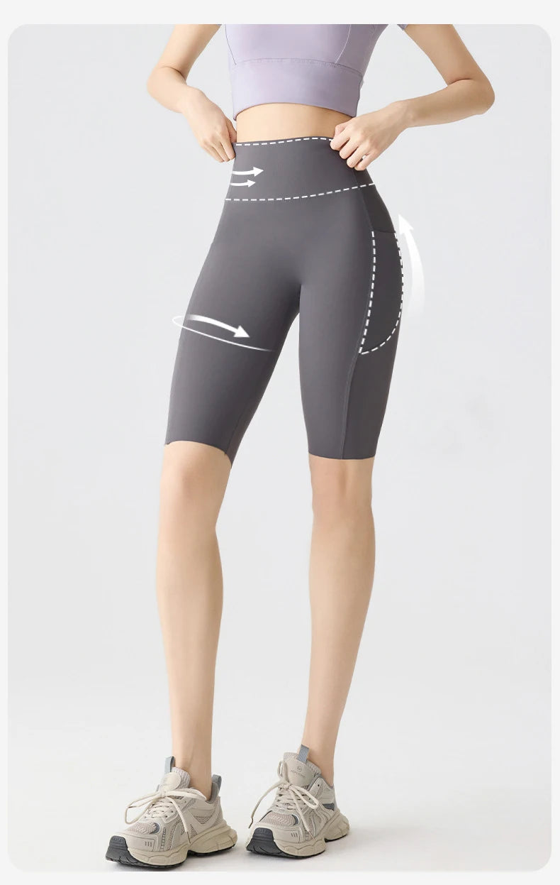 Pocket Yoga Sharkskin Bicycle Shorts Women Thin High Waist Push Up Light Feeling Sports  Fitness Cycling Shorts