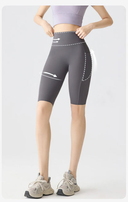 Pocket Yoga Sharkskin Bicycle Shorts Women Thin High Waist Push Up Light Feeling Sports  Fitness Cycling Shorts