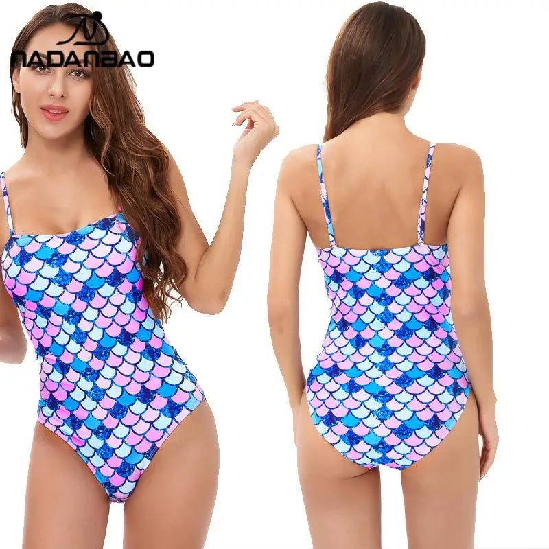 Women Mermaid One-Piece Swimsuit Fish Scale Printed Camisole Bodysuit Slim Triangular Swimwear Beach Wear