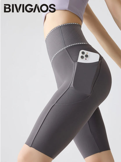 Pocket Yoga Sharkskin Bicycle Shorts Women Thin High Waist Push Up Light Feeling Sports  Fitness Cycling Shorts