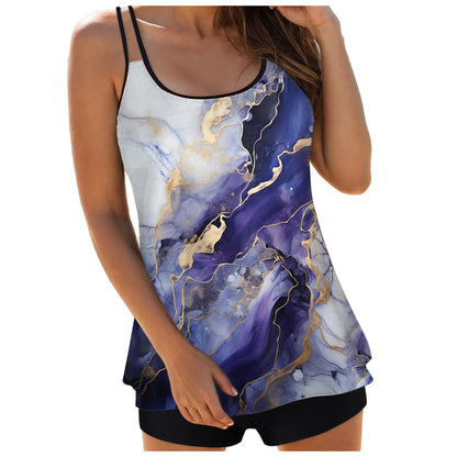 Women's Abstract Print Tankini Swimsuits Double Stretch Strap Crew Neck Cover Tummy Tops and Solid Shorts Conservative Swimwear