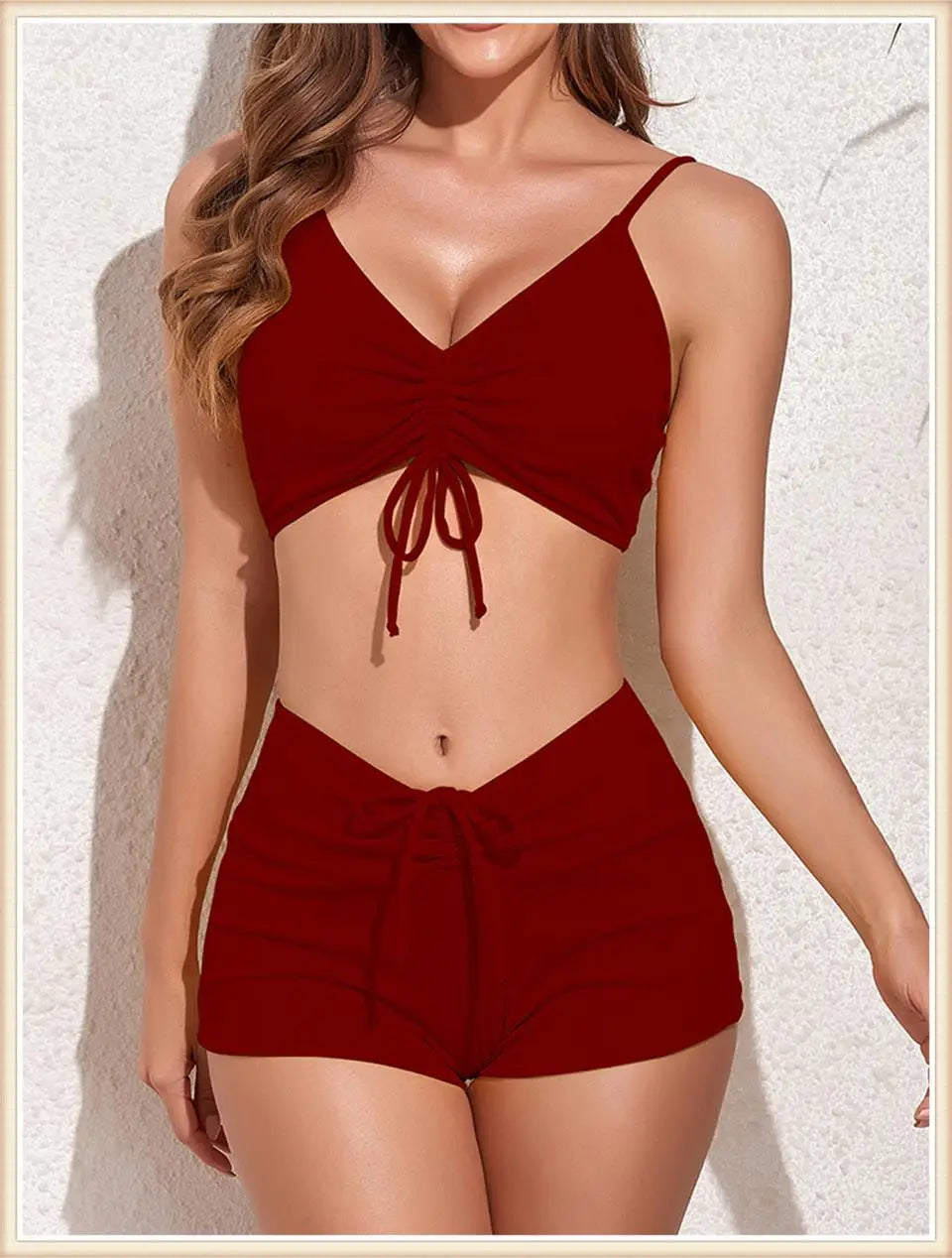 Drawstring Front Bikini Swimsuit Women High Waist Shorts Swimwear Female Bathing Swimming Swim Set Bathers Beachwear Summer