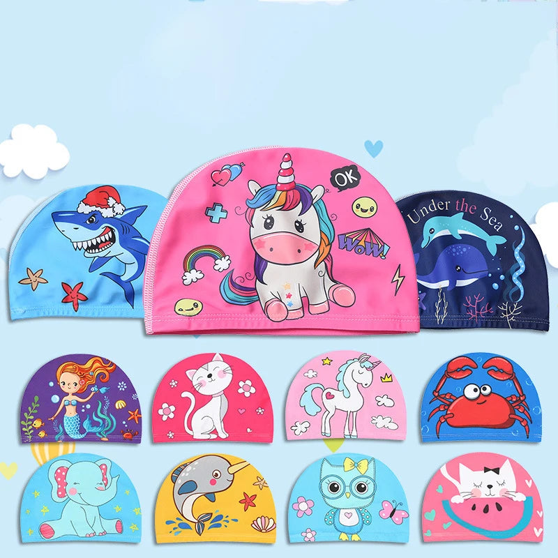 Children Cartoon Swimming Cap Kids Elastic Fabric Swimming Pool Water Sport Protect Ears Hat Swim Bathing Hats Caps Boys Girls