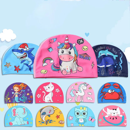 Children Cartoon Swimming Cap Kids Elastic Fabric Swimming Pool Water Sport Protect Ears Hat Swim Bathing Hats Caps Boys Girls