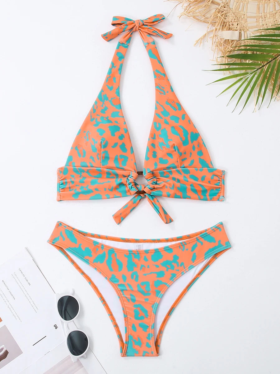 Halter Leopard Two Piece Bikini Women Swimsuit Female Padded Swimwear Bathers Bathing Swimming Swim Suit Summer Beachwear