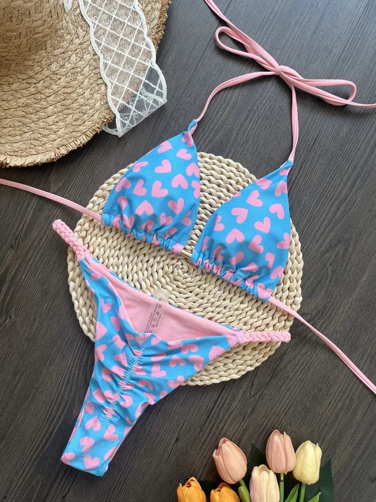 Bikini Set Women Swimsuit Printed Halter Lace Up Two-Piece Swimwear Backless Bathing Summer Fashion Female Beachwear