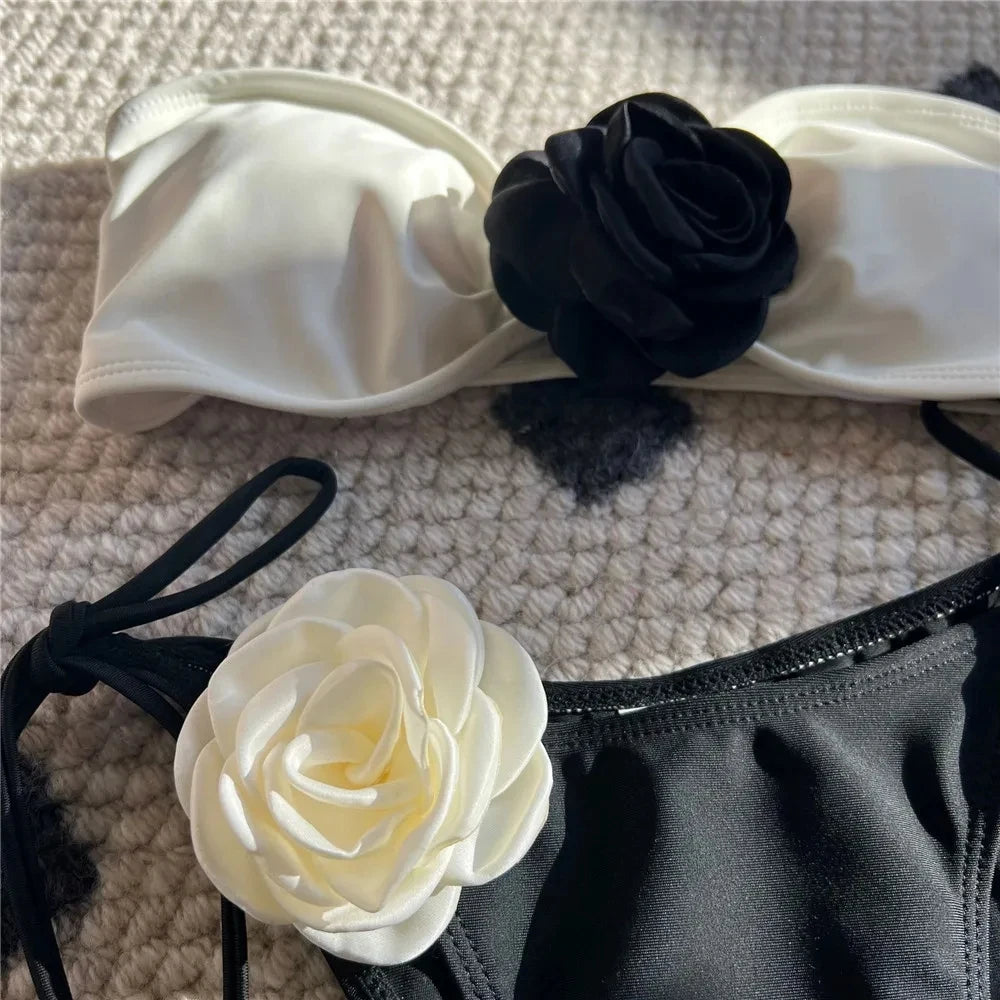 Flower Bandeau Swimwear Thong Bikini Women Lace-up Swimsuits Swimming Bathing Suit Brazilian Bikinis Set