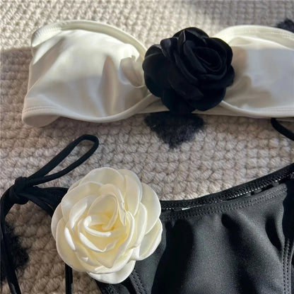 Flower Bandeau Swimwear Thong Bikini Women Lace-up Swimsuits Swimming Bathing Suit Brazilian Bikinis Set