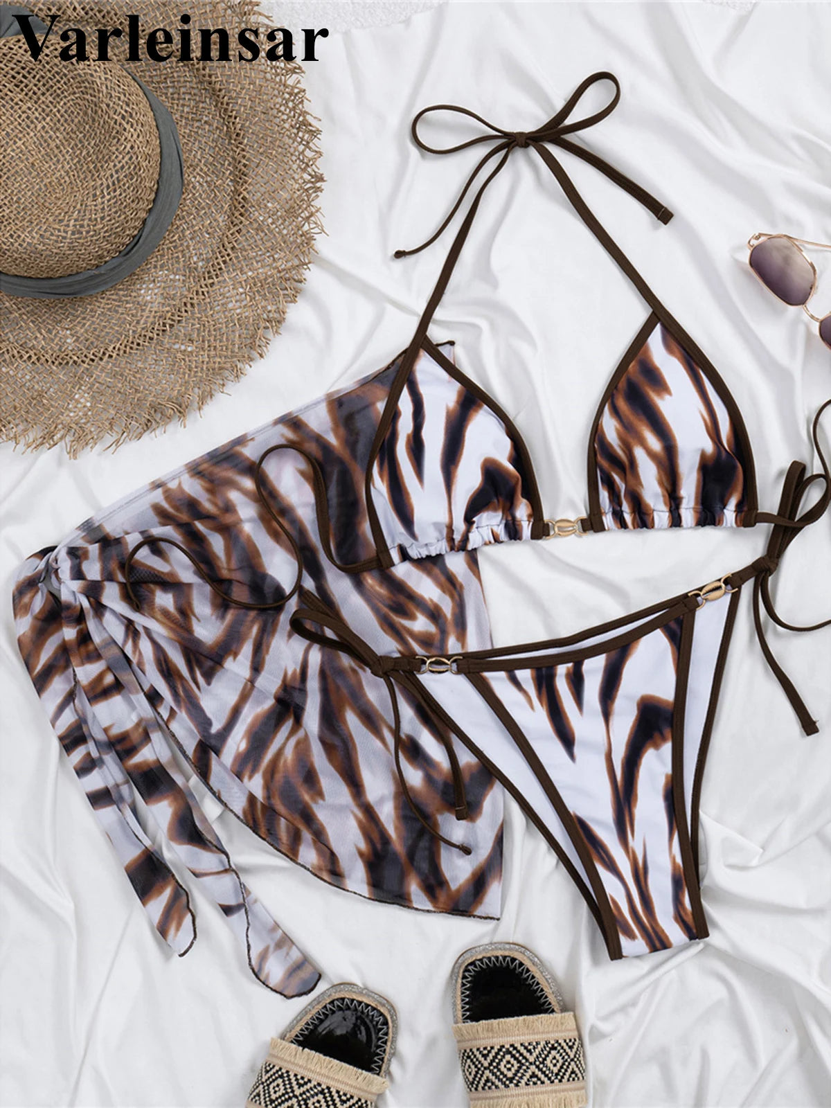 With Sarong Printed Halter Bikini Female Swimsuit Women Swimwear Three-pieces Bikini set Padded Bather Bathing Suit Swim