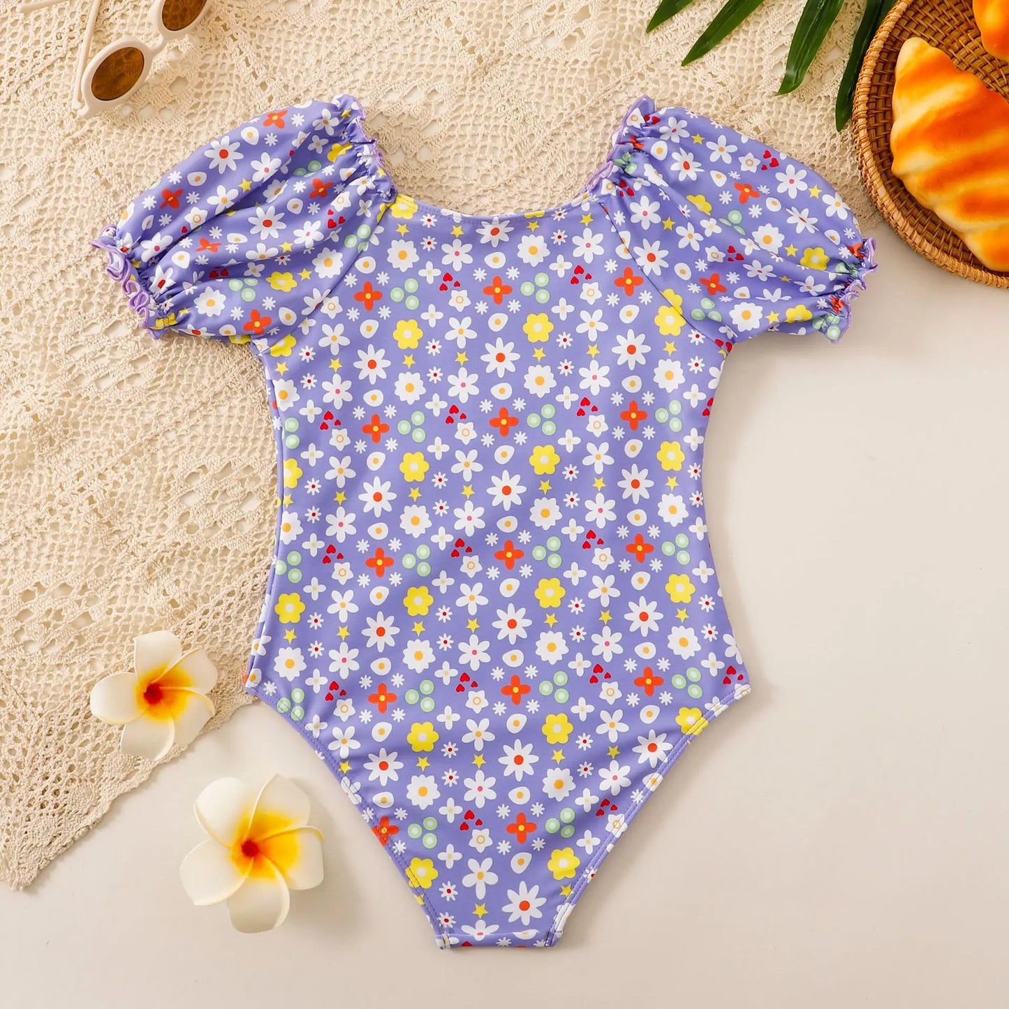 Floral Girls One Piece Swimsuit 7-12 Year Kids Swim Suit Short Sleeve Children's Swimwear Beach Wear Bathing Suits