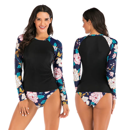 Long Sleeve Low Waisted Rash Guard with Bikini Briefs, UV Protection Women's Print Rash Guards Shirt Long Sleeve Set 2 Piece Swimsuit Bathing Suits