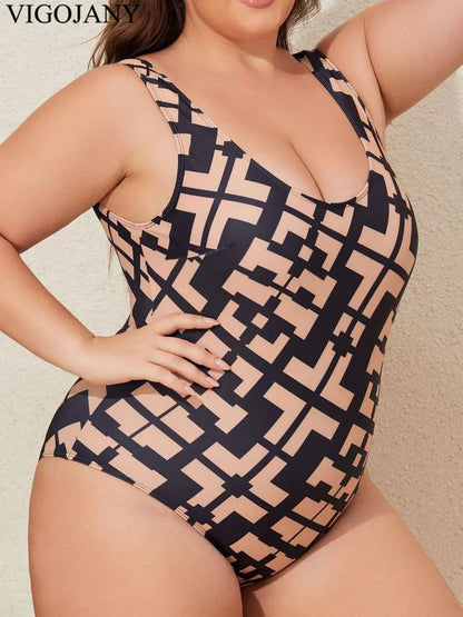 Lady Printed Pattern Strapped Plus Size Swimwear Women Backless Large One Piece Swimsuit Brazilian Big Bathing Suit