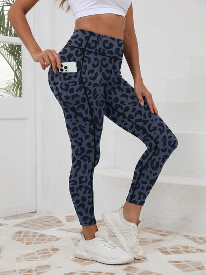 Printed women's high waistband pocket fitness pants paired with tight abdominal yoga pants, suitable for running