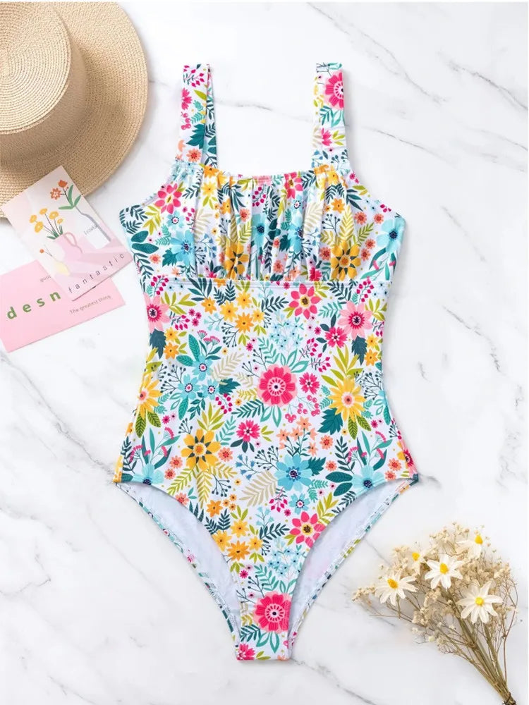Green or White Flower Design Swimwear Women One-Piece Swimsuit