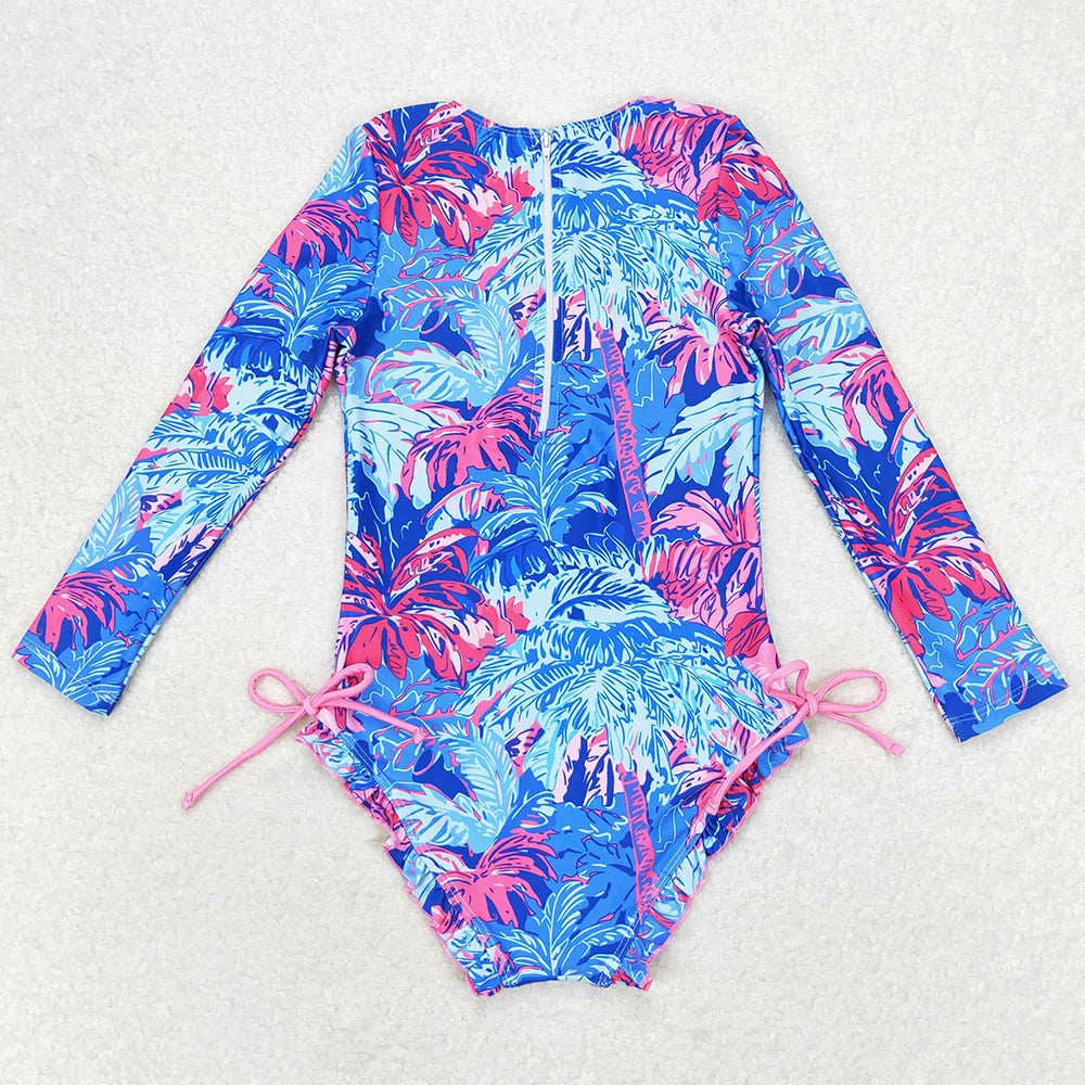 Colourful Designs Baby Girls Swimsuits Long Sleeve One Pieces Swimsuit Summer Fashion Kids Clothes Swimwear Boutique Girls Swim Clothes