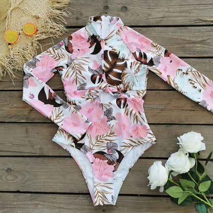 Zipper Surfing One Piece Swimsuit Long Sleeves Women Swimwear Bathing Suit Printed Female Swimsuit Vintage Beachwear