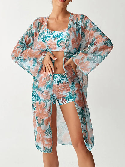3 Pieces Strappy Bikinis With Kimono Swimsuit Women Printed High Waist Swimwear Female Bathers Bathing Swimming Swim Suit