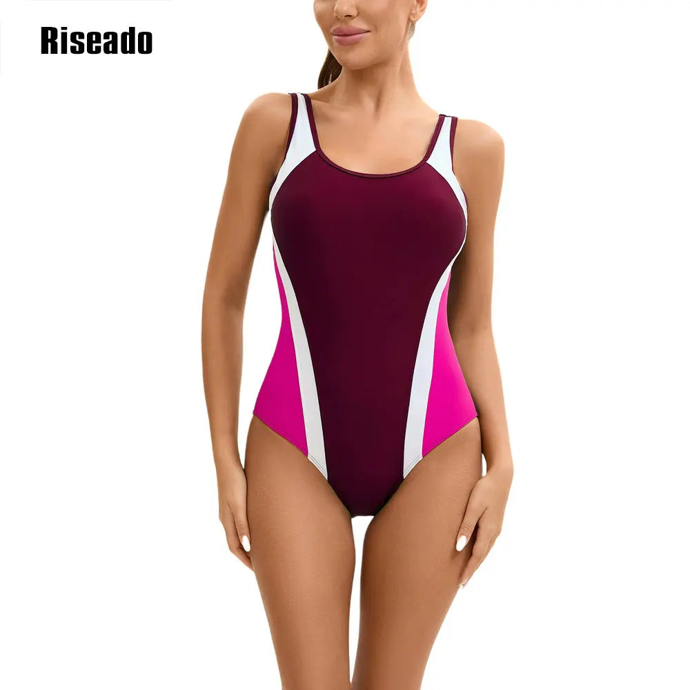 Women's Color Block One Piece Swimsuits U Back Athletic Training Swimwear Bathing Suits