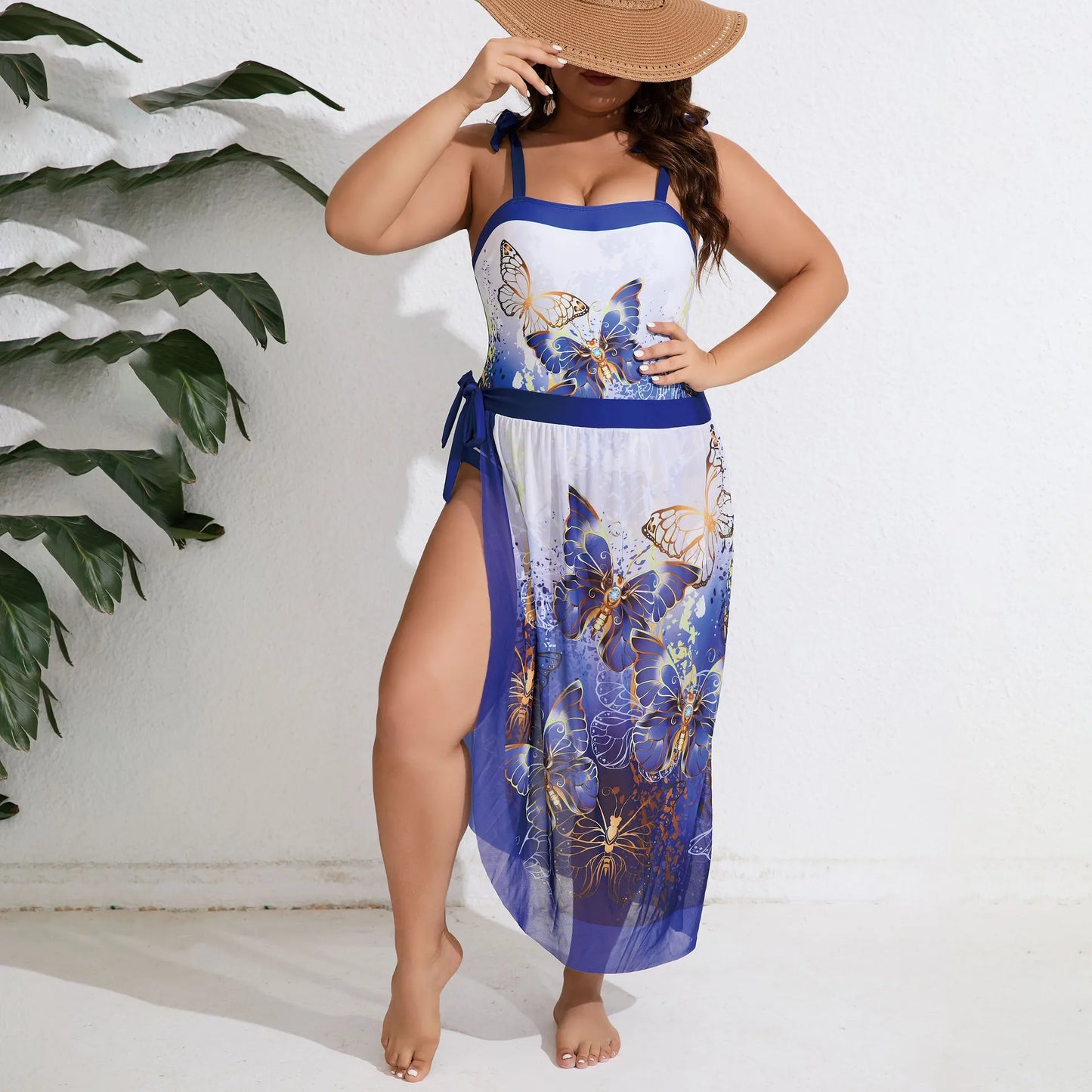 Butterfly Print Plus Size Swimwear Women Strapped Large 2 Piece One Piece Swimsuit Curvy Lady Beach Big Bathing Suit