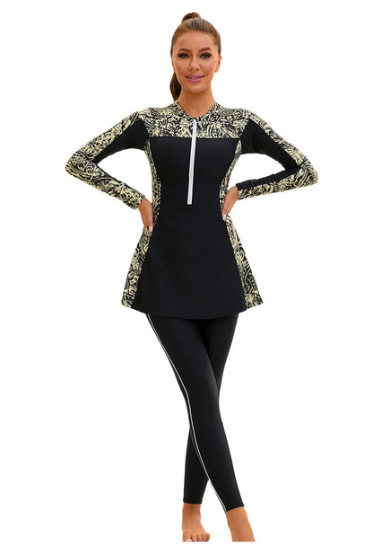 Modest Printed Swimwear Set Women's Long Sleeve Zip-Up Burkini with Skirt & Pants