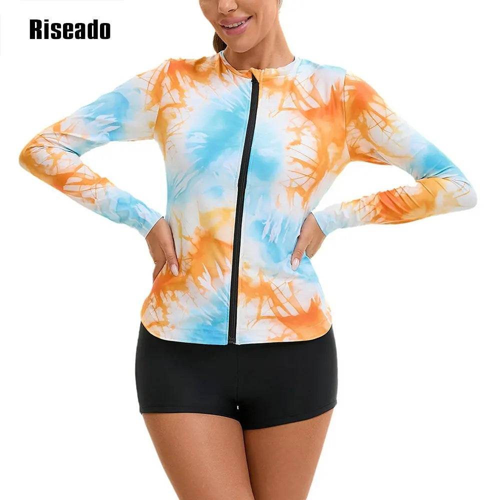 Women's Long Sleeve 2 Piece Body Cover Rash Guard Swimwear Zip Front UPF50+ Surfing Wetsuit Two Piece Tankini Set