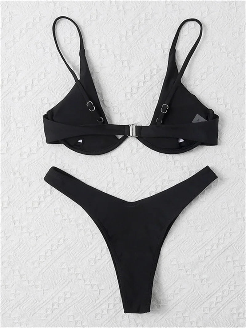 Bikini Women Solid Red Push Up Bra Thong Swimsuit Haler V Neck Bathing Suit Mini Micro Thong Swimwear