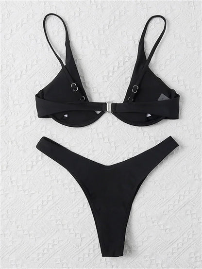 Bikini Women Solid Red Push Up Bra Thong Swimsuit Haler V Neck Bathing Suit Mini Micro Thong Swimwear