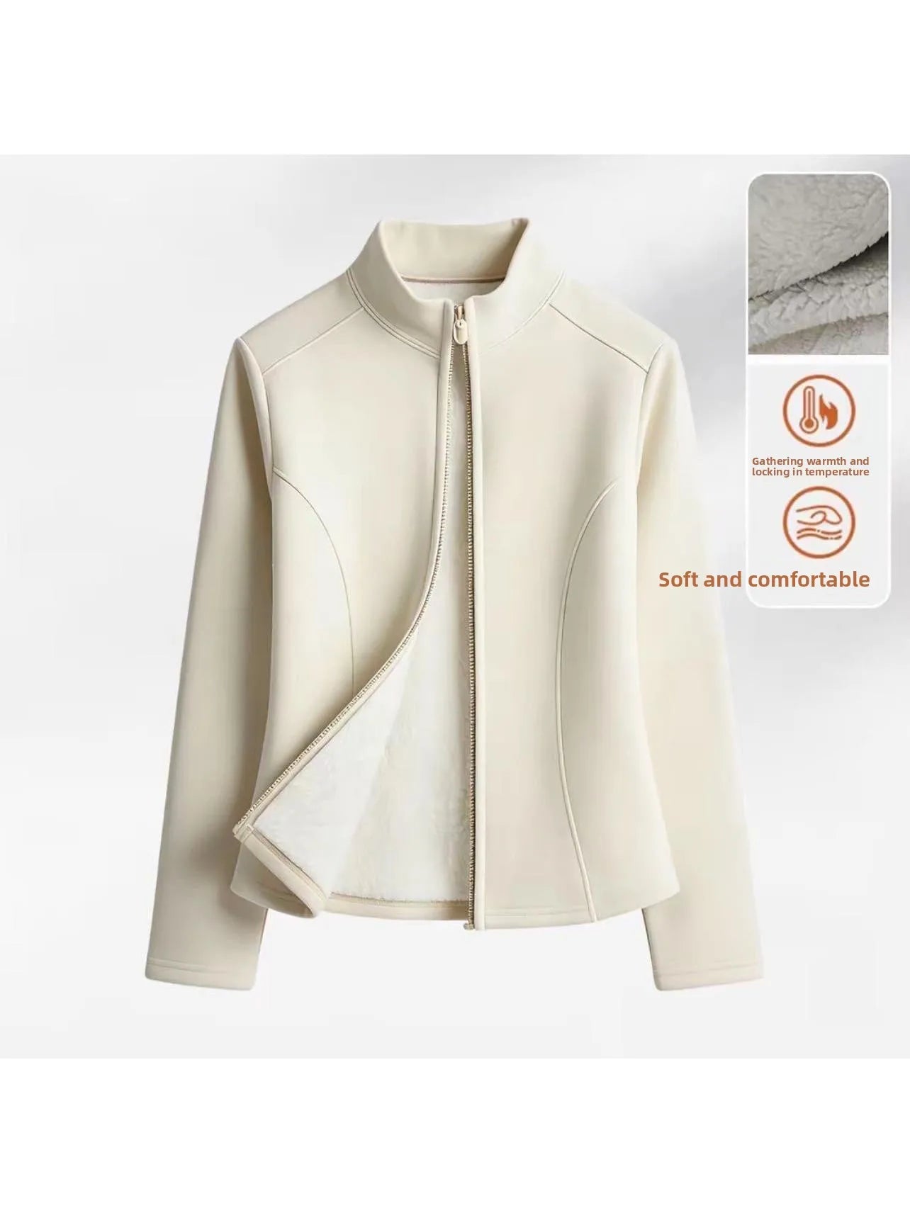 Women's Fleece Lined Slim Fit Yoga Jacket Stand Collar Thickened Zipper Short Coat Warm Fitness Outerwear for Autumn Winter