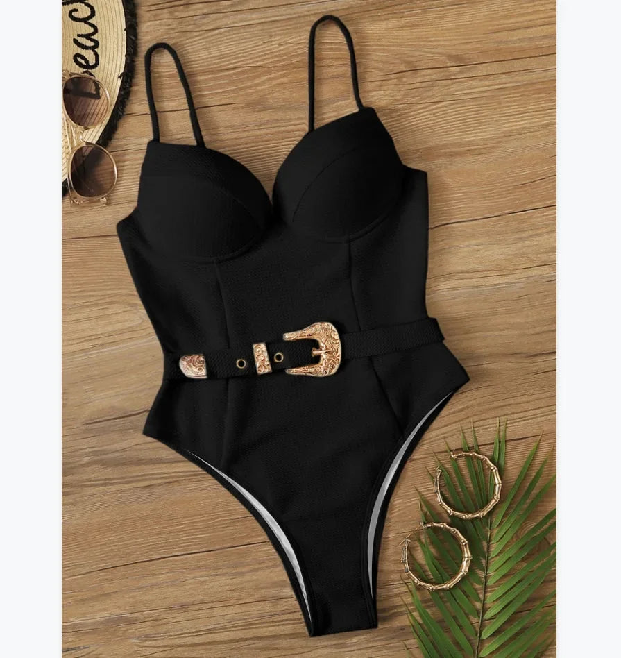 Push Up Underwire Swimwear Women Solid White Black Padded Buckle One Piece Swimsuit Beach Bathing Suit Bodysuit Monokini
