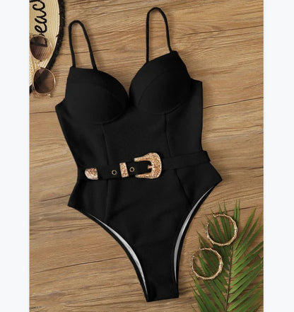 Push Up Underwire Swimwear Women Solid White Black Padded Buckle One Piece Swimsuit Beach Bathing Suit Bodysuit Monokini