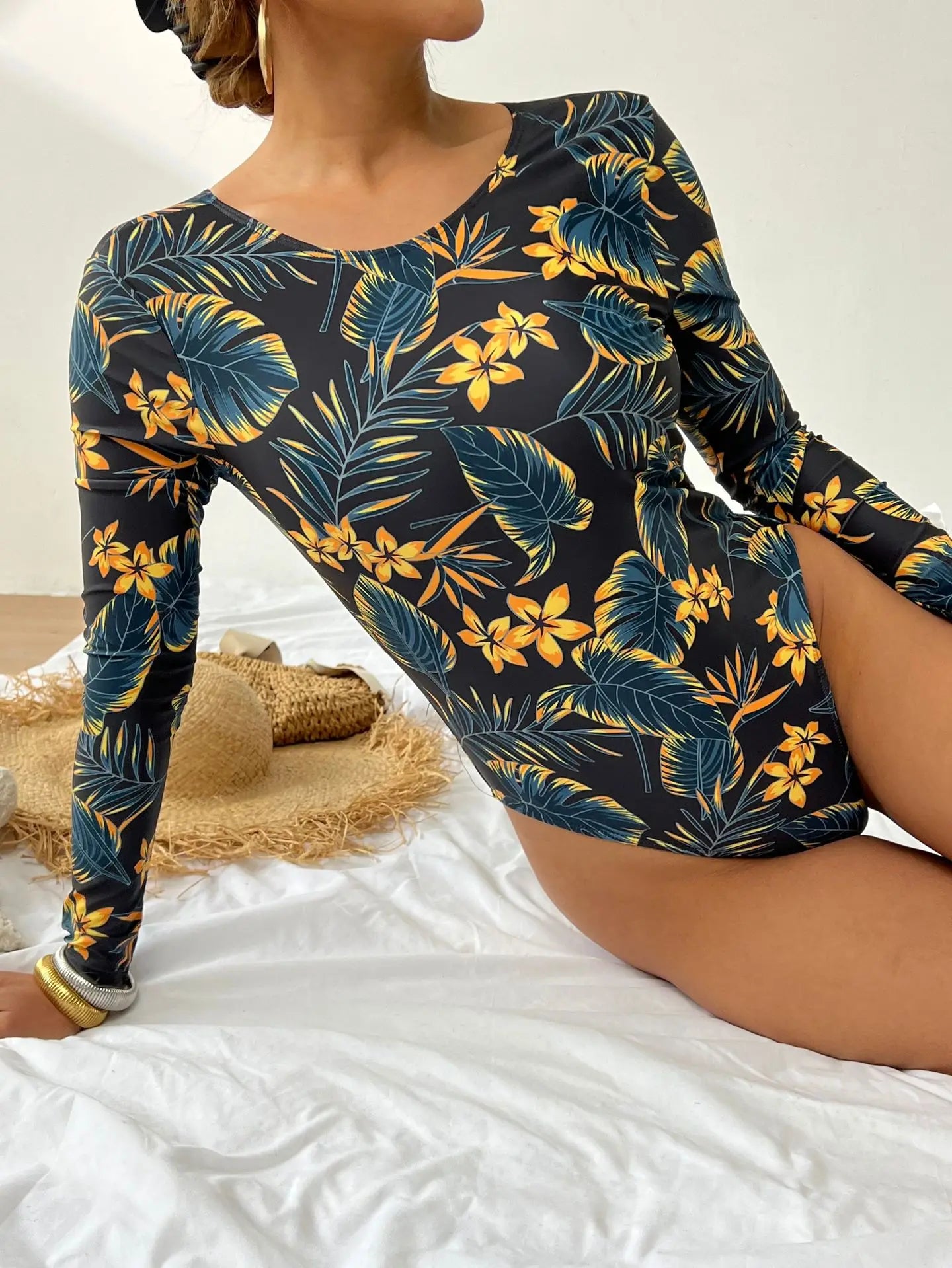 Tropical Print Long Sleeve Swimwear Women Backless Hollow One Piece Swimsuit Monokini Brazilian Beach Bathing Suit