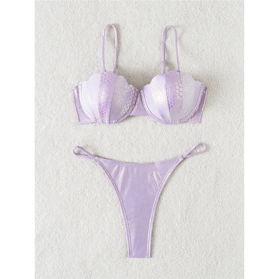 Scalloped Snake Skin Thong Bikini Female Swimsuit Women Swimwear Two-pieces Bikini set Bra Cup Bather Bathing Suit Swim