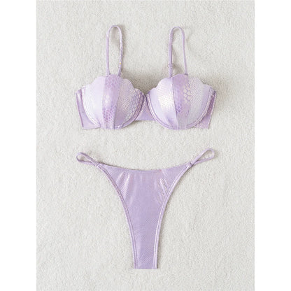 Scalloped Snake Skin Thong Bikini Female Swimsuit Women Swimwear Two-pieces Bikini set Bra Cup Bather Bathing Suit Swim