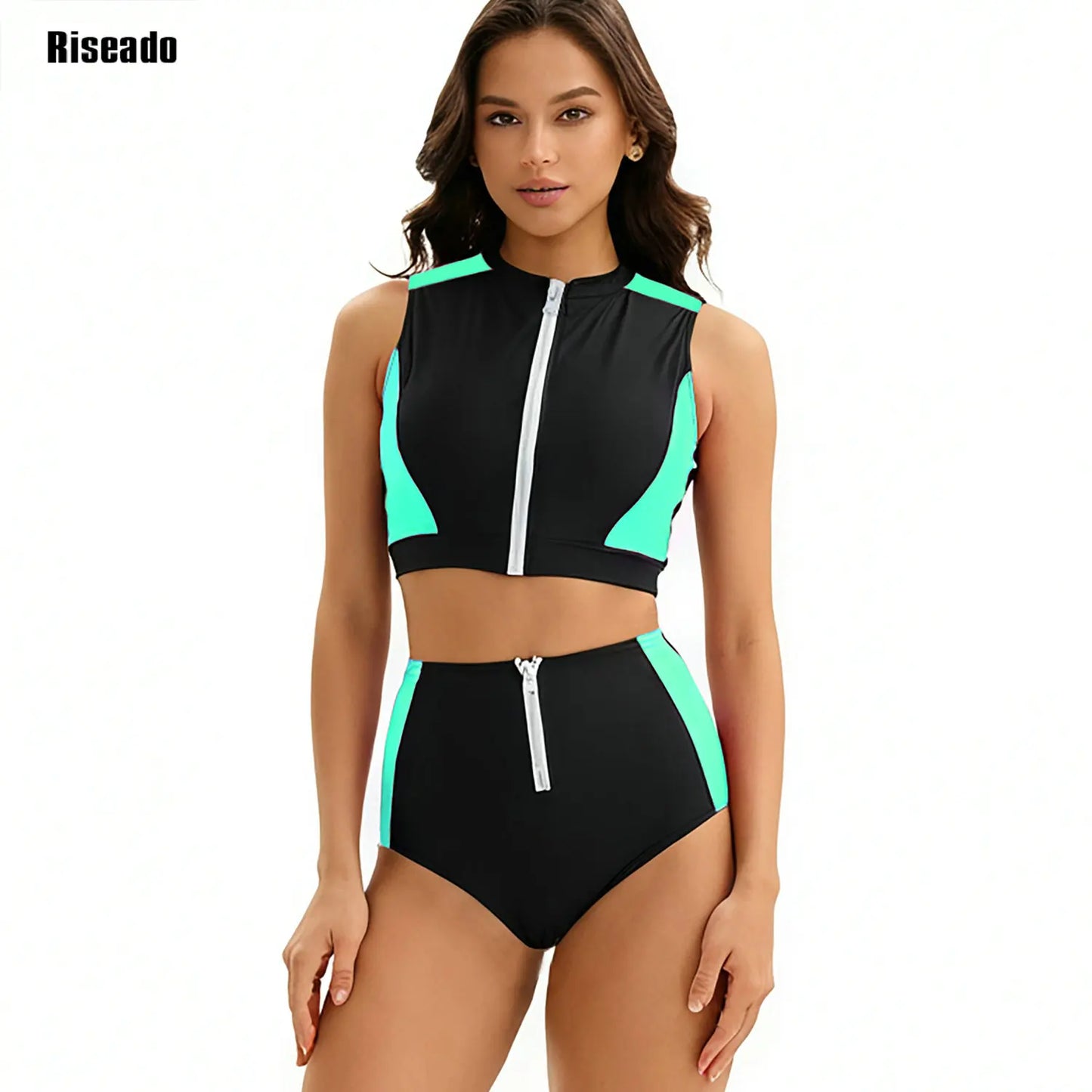 Female Two Pieces Crop Top Bikini Tankini Sets Color Block Zip Front Summer Push Up Swimsuit Bathing Suits High Waist Tankini