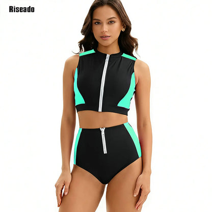 Female Two Pieces Crop Top Bikini Tankini Sets Color Block Zip Front Summer Push Up Swimsuit Bathing Suits High Waist Tankini
