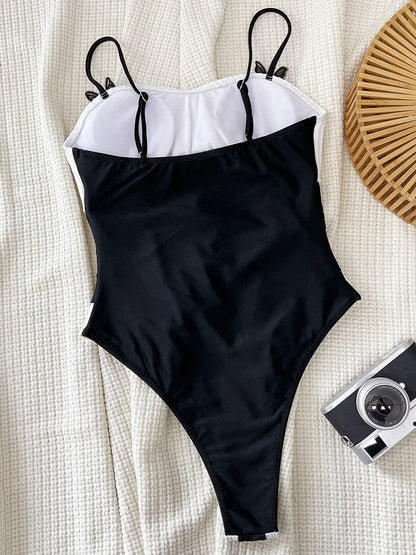 Splicing Wrinkled Women Swimwear One Piece Swimsuit Female High Cut Monokini Black Contrast Bathing Suit Swim Beach Wear