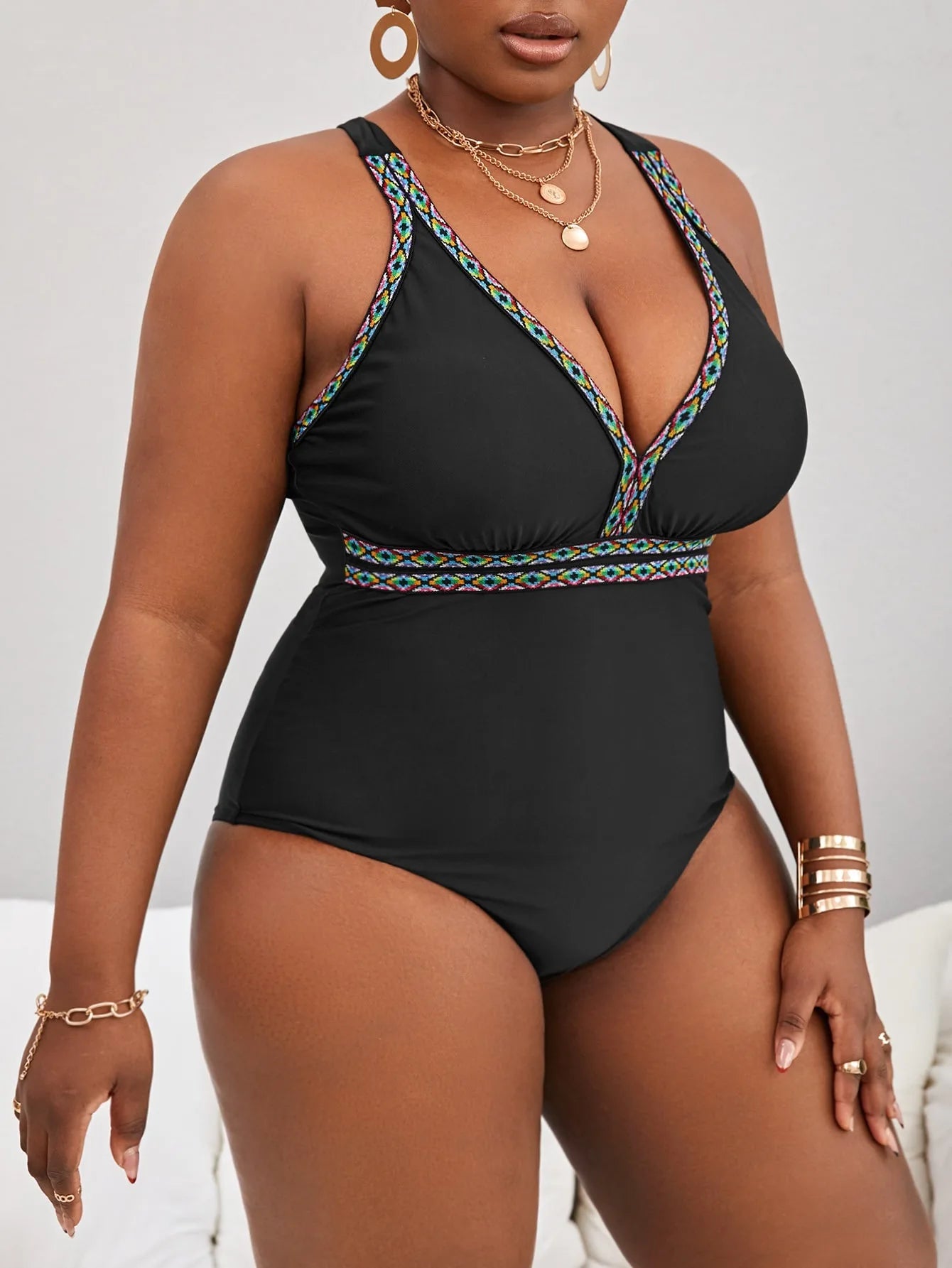 Black Strapped Plus Size Swimwear Women Patchwork Push Up One Piece Swimsuit Back Cross Hollow Big Bathing Suit