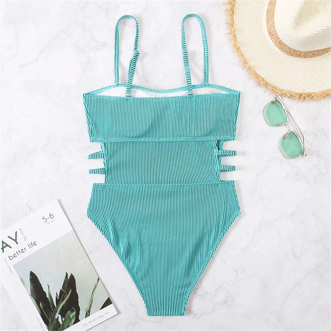 S - XL 11 Colors Ribbed Cut Out One Piece Swimsuit Women Swimwear Female High Leg Cut Padded Bather Bathing Suit Swim Lady