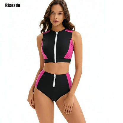 Female Two Pieces Crop Top Bikini Tankini Sets Color Block Zip Front Summer Push Up Swimsuit Bathing Suits High Waist Tankini