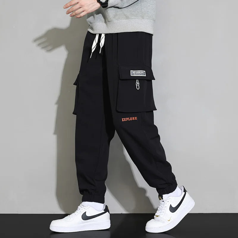 Streetwear Spring Harem Casual Pants Men Elastic Waist Solid Color Cargo Pants Multi Pocket Loose Baggy Pants For Men