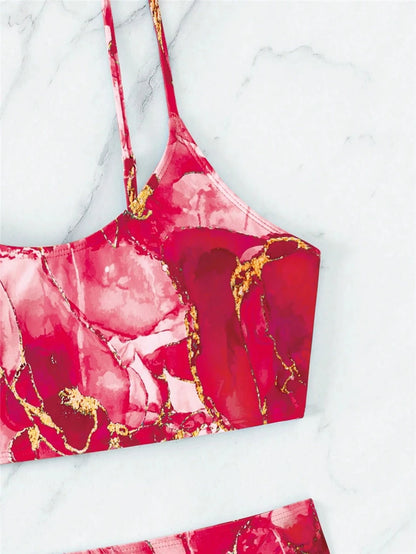 Two Pieces Marble Print Swimwear Women High Waist Swimsuit Summer Beach Wear Female Bathers Bathing Swimming Sport Suit