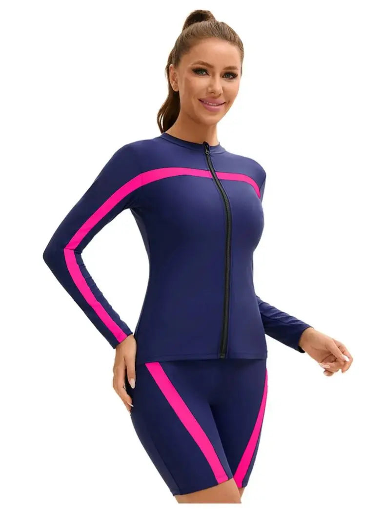 Women's Long Sleeve 3-Piece Swim Set UPF 50+ Rashguard Top High Waist Swim Shorts Full Coverage Modest Swimwear for Diving