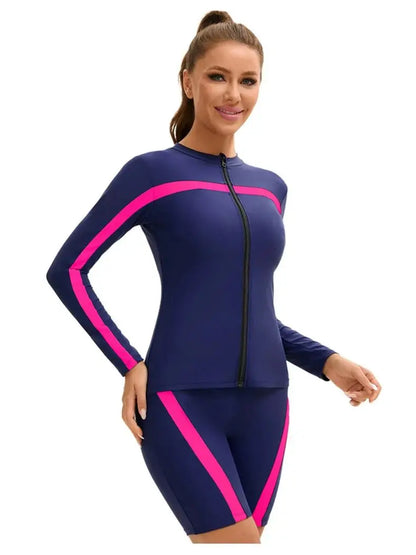 Women's Long Sleeve 3-Piece Swim Set UPF 50+ Rashguard Top High Waist Swim Shorts Full Coverage Modest Swimwear for Diving