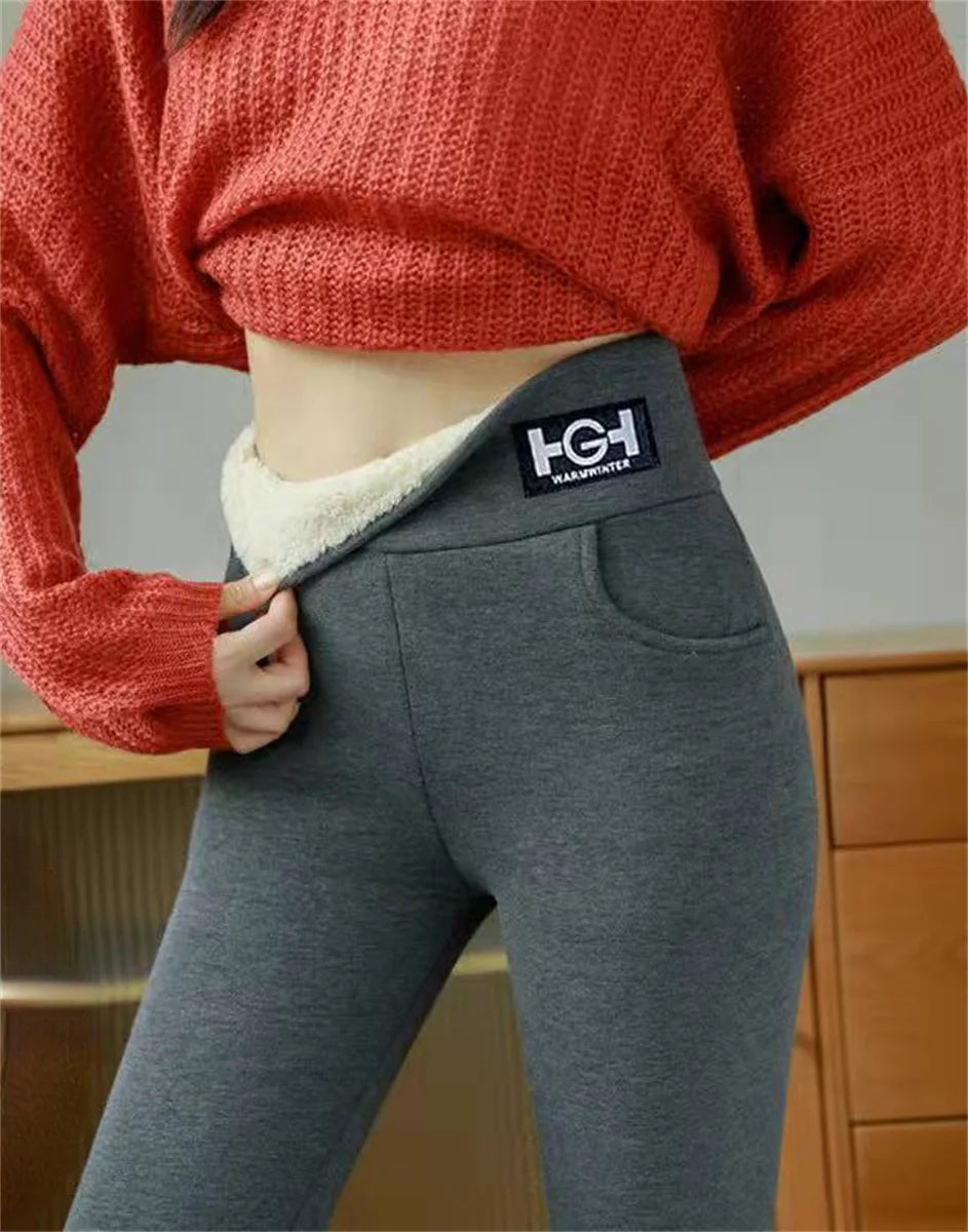 Winter Women Leggings Solid Warm Leggings Thicken Lamb wool Hight Waist Fleece Keep Butt Lift High Stretchy Walking Pants Pocket