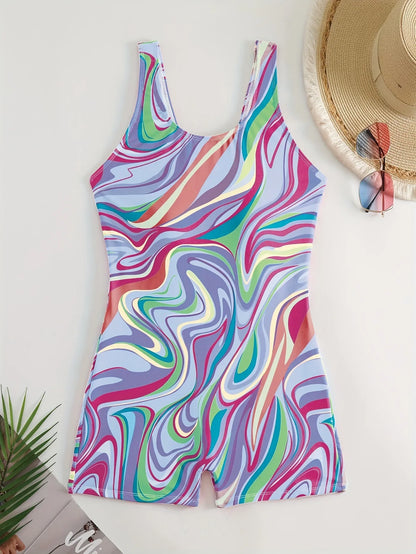 Women's Boyleg One Piece Padded Swimsuit Sports Surfing Suits Print Bodysuit Bathing Swimming Suit Beachwear Summer Monokini Bathers
