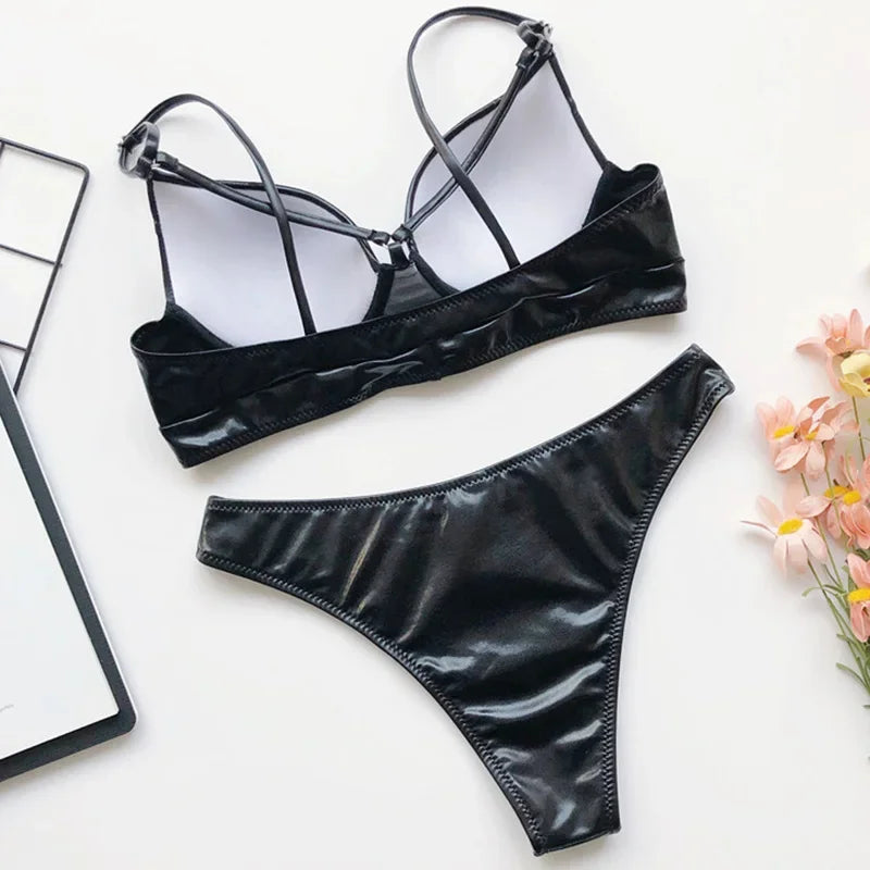 Shiny Faux Leather PU Bikini Women Swimsuit Bra Cup Bikinis Female Swimwear Two Pieces Bikini Set Push Up Bathing Suit Swim
